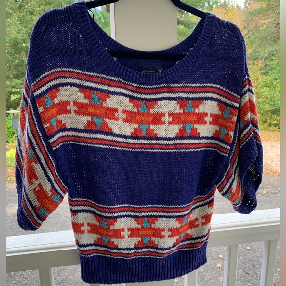 American Eagle Women Chunky Aztec Print Sweater Medium Blue Orange Cotton Nylon - Picture 1 of 7
